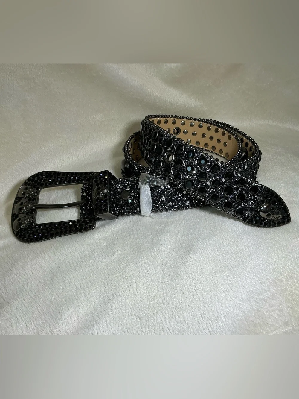 NEW! Black Rhinestone-studded Glitter Skull Leather Belt NWT  display picture 1